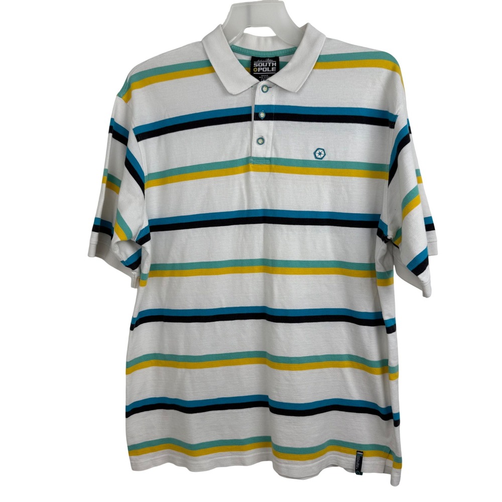 Southpole Polo Shirt Mens XL Striped White Blue Yellow Y2K Skate Streetwear